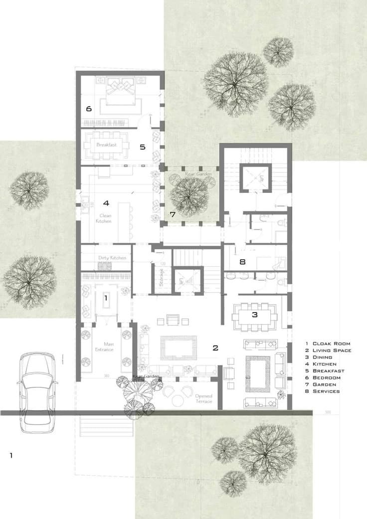 2D Compact floor plan with functional zones
